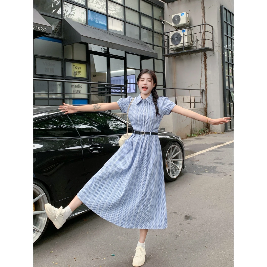 大码胖mm韩系气质收腰显瘦条纹短袖法式设计感文艺精致衬衫连衣裙