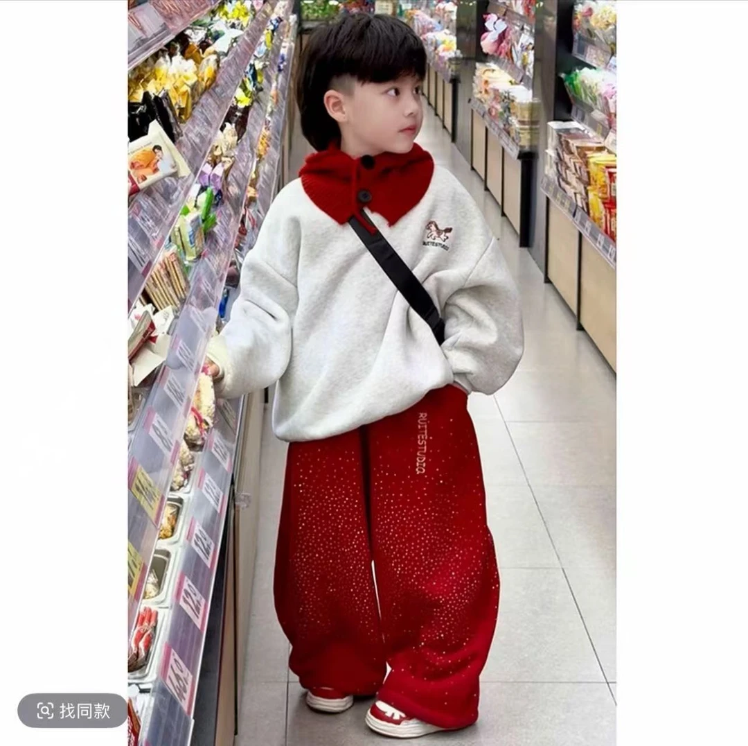 男童炸街痞帅冬装儿童拜年服男孩圣诞节红色加绒加厚卫衣裤套装酷
