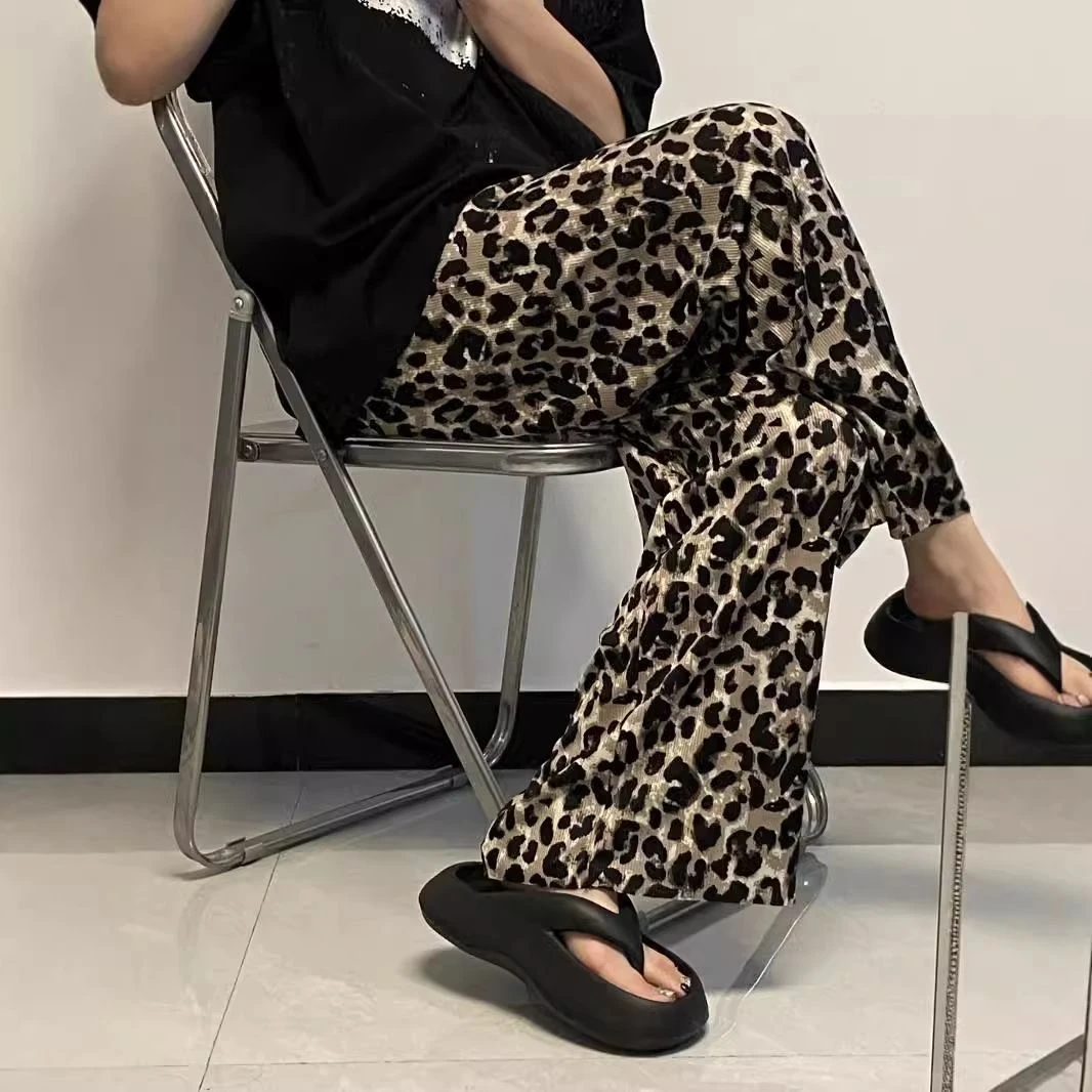 胖mm大码豹纹印花阔腿裤女夏薄款高腰宽松显瘦垂感遛弯冰丝凉凉裤