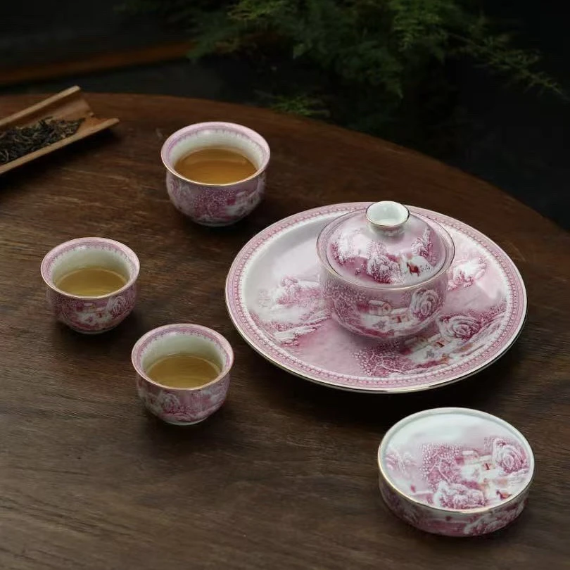 景德镇高温陶瓷描金胭脂红雪景山水盖碗主人杯功夫茶套组