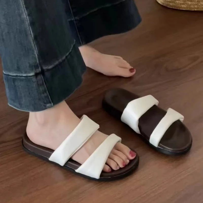 踩屎感~厚底露趾拖鞋女夏外穿2025新款平底沙滩一字带凉拖鞋32-43