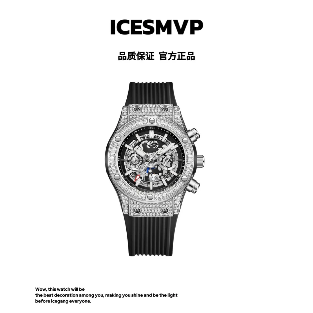 ICESMVP星耀系列机械三眼镶钻手表情侣百搭多功能潮流黑色轻奢款