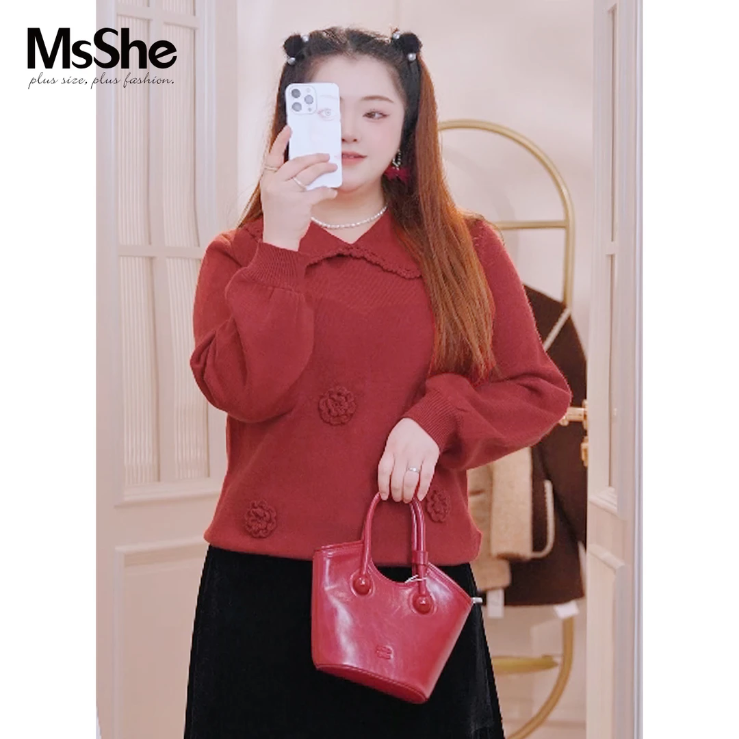 【新年正肩红毛衣】MsShe大码女装冬季立体花朵毛衣女D~F2412002