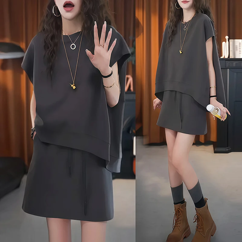 小个子时尚百搭运动套装女t恤2025年夏季新款宽松韩版短裙两件套