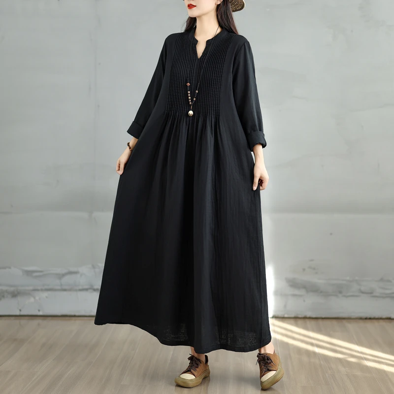 2025秋季女装胖mm减龄洋气长裙宽松拼接压褶小v领大摆长袖连衣裙