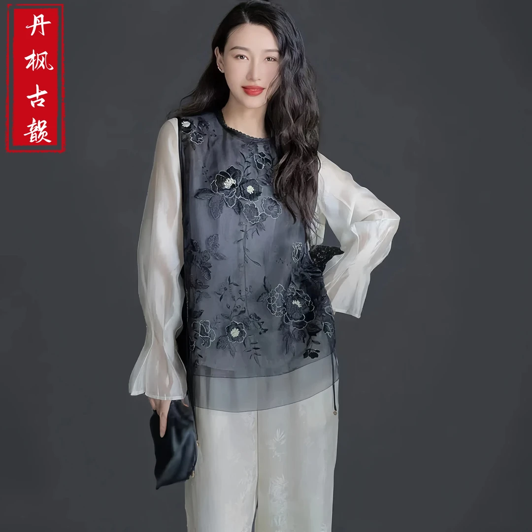 【2025】夏季国风刺绣欧根纱上衣女花边领一片式系带新中式背心小衫