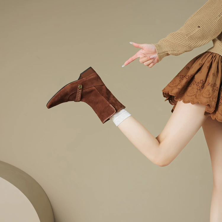 羊皮~3cm新款法式简约复古百搭真皮日常大码短靴套筒低粗跟中筒靴