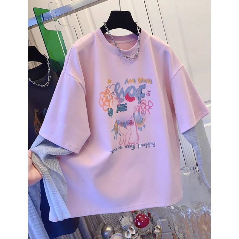 K6039超好看洋气涂鸦假两件网纱长袖T恤宽松休闲上衣女装春季新款