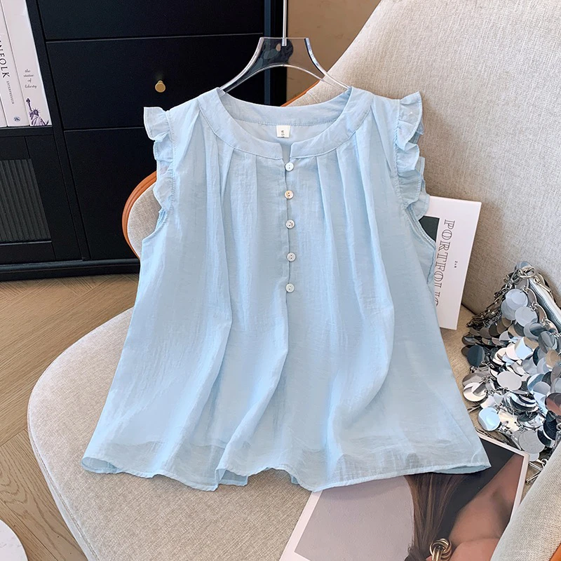 2025夏季新款木耳边小飞袖衬衫女圆领压褶遮肚子显瘦娃娃衫上衣潮