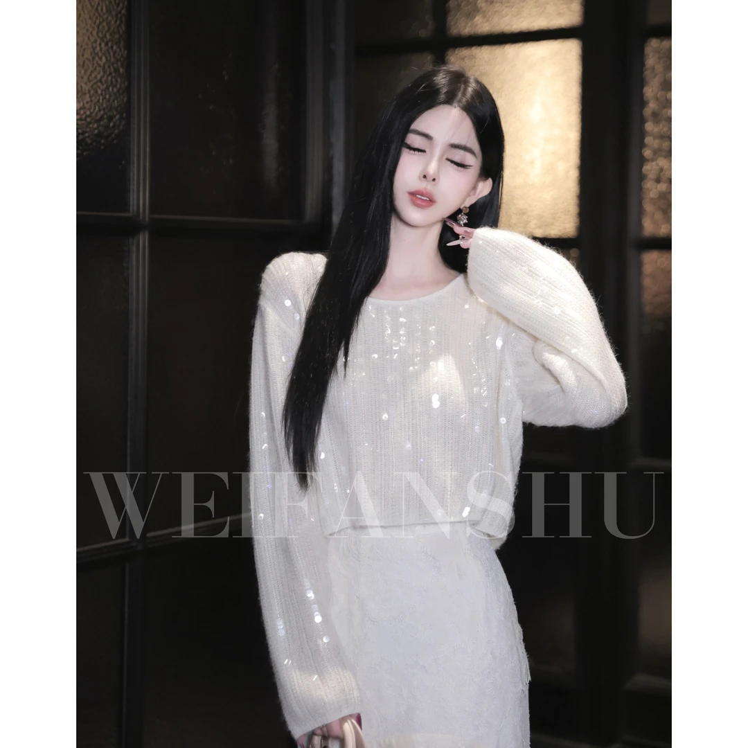 WEIFANSHU/魏凡舒【星光织语】早秋新款亮片闪闪名媛开衫&套头上衣