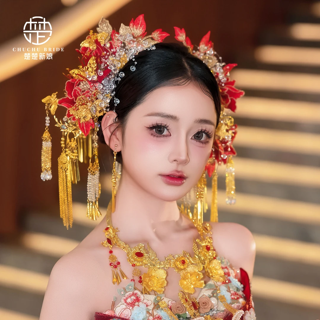 新款新娘中式婚礼古装头饰华丽大气传统龙凤褂汉服发饰发钗子