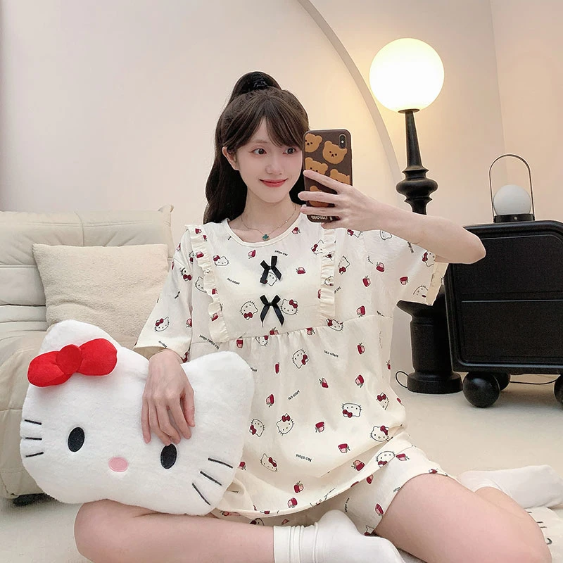 云朵棉睡衣女春夏季甜美ins风花边短袖加肥200斤两件套家居服1307