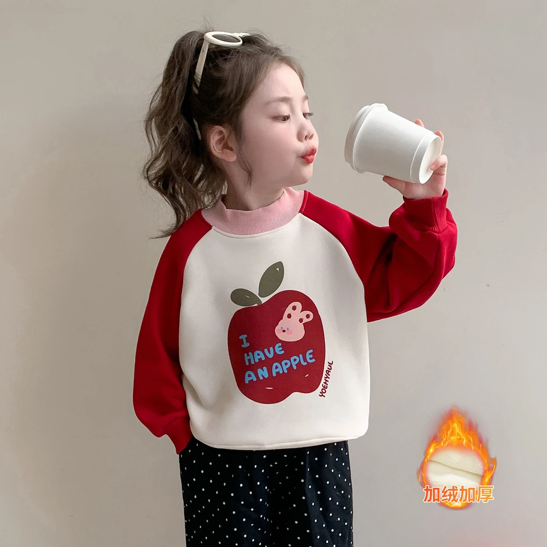 女童加绒卫衣秋冬款小女孩时髦加厚绒衫女宝宝冬季一体绒打底上衣