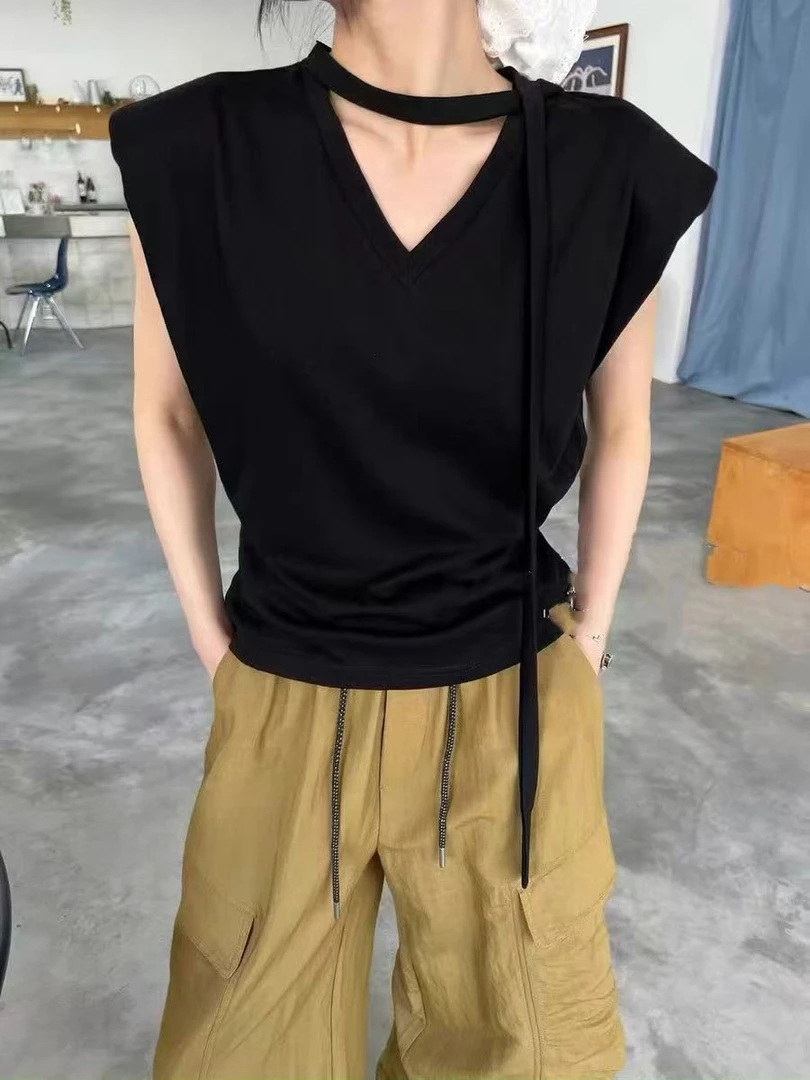 法式风常规V领镂空休闲风无袖T恤百搭背心潮流清