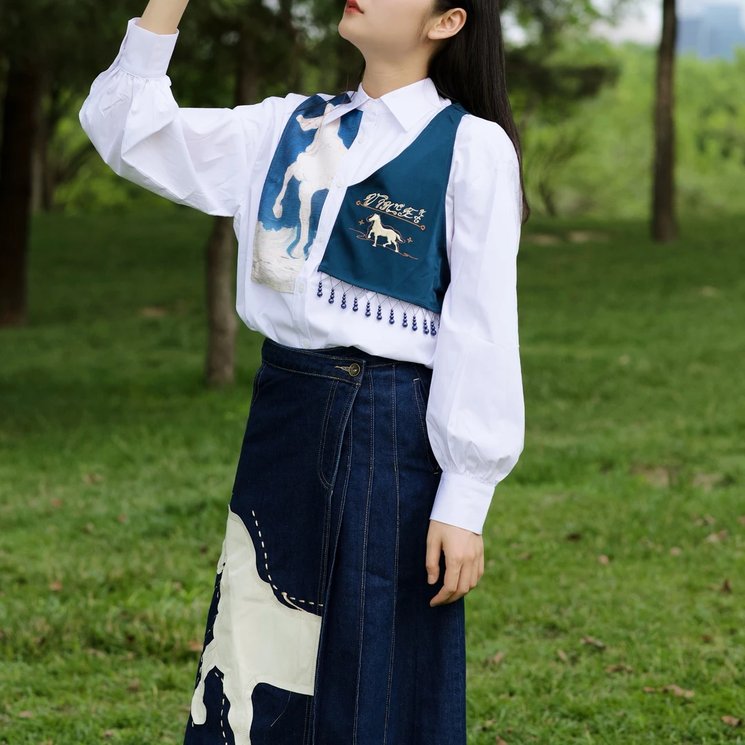 梵高艺术复古文艺印花布拼接假两件长袖衬衫衬衣上衣小众设计感