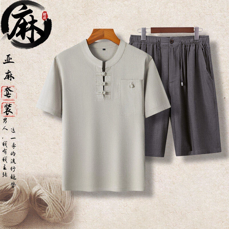 长期货主推夏装男士中国风亚麻短袖套装中老年爸爸装亚麻盘扣套装