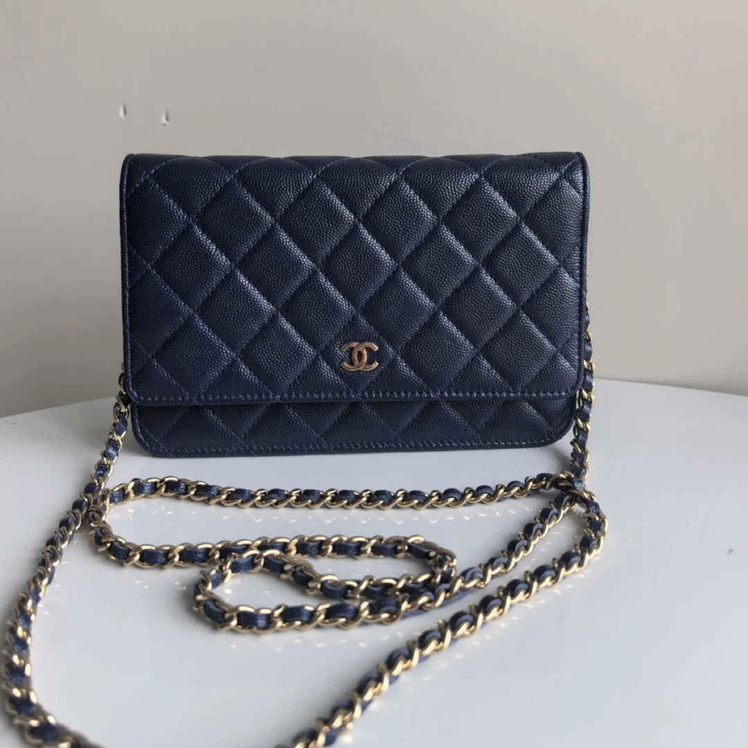 99新 Chanel/香奈儿 蓝色菱格纹荔枝牛皮woc链条单肩斜挎包24开