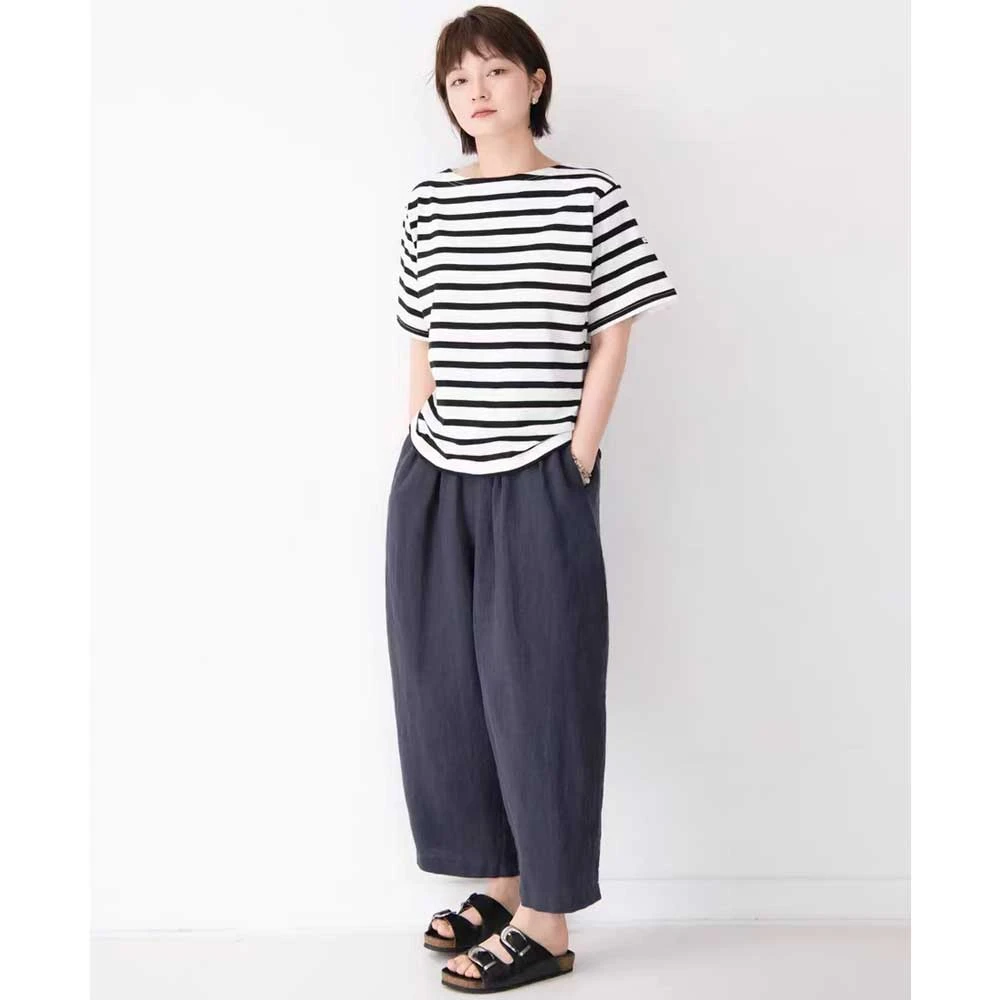 日单纯亚麻斜纹花苞腰直筒蓝色高腰松紧腰女阔腿裤气球裤夏季女