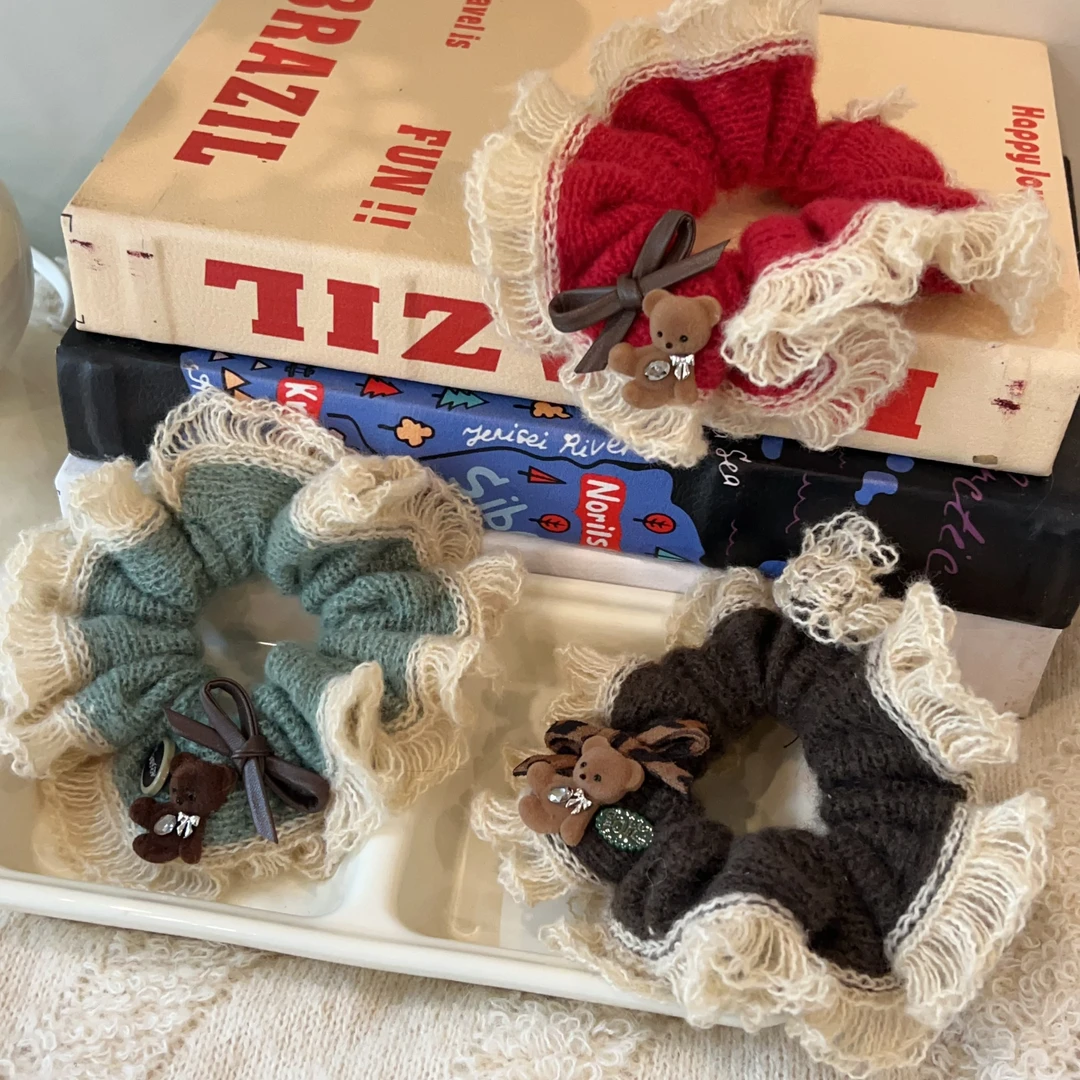 木子秋奶芙蕾丝花边小熊大肠发圈ins高级感时髦洋气小众百搭发饰