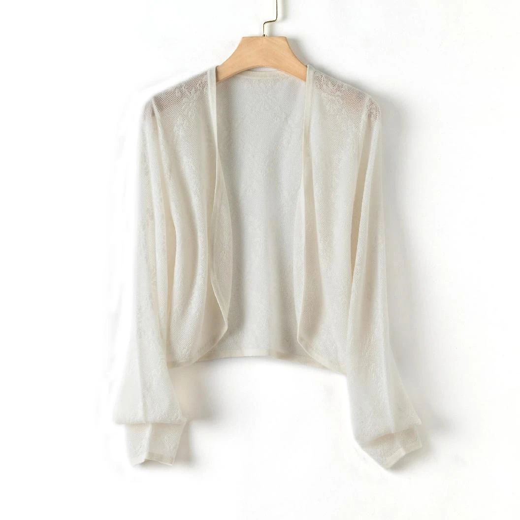 [可机洗100%绵羊毛]女士长袖针织镂空百搭针织开衫薄款春夏38015