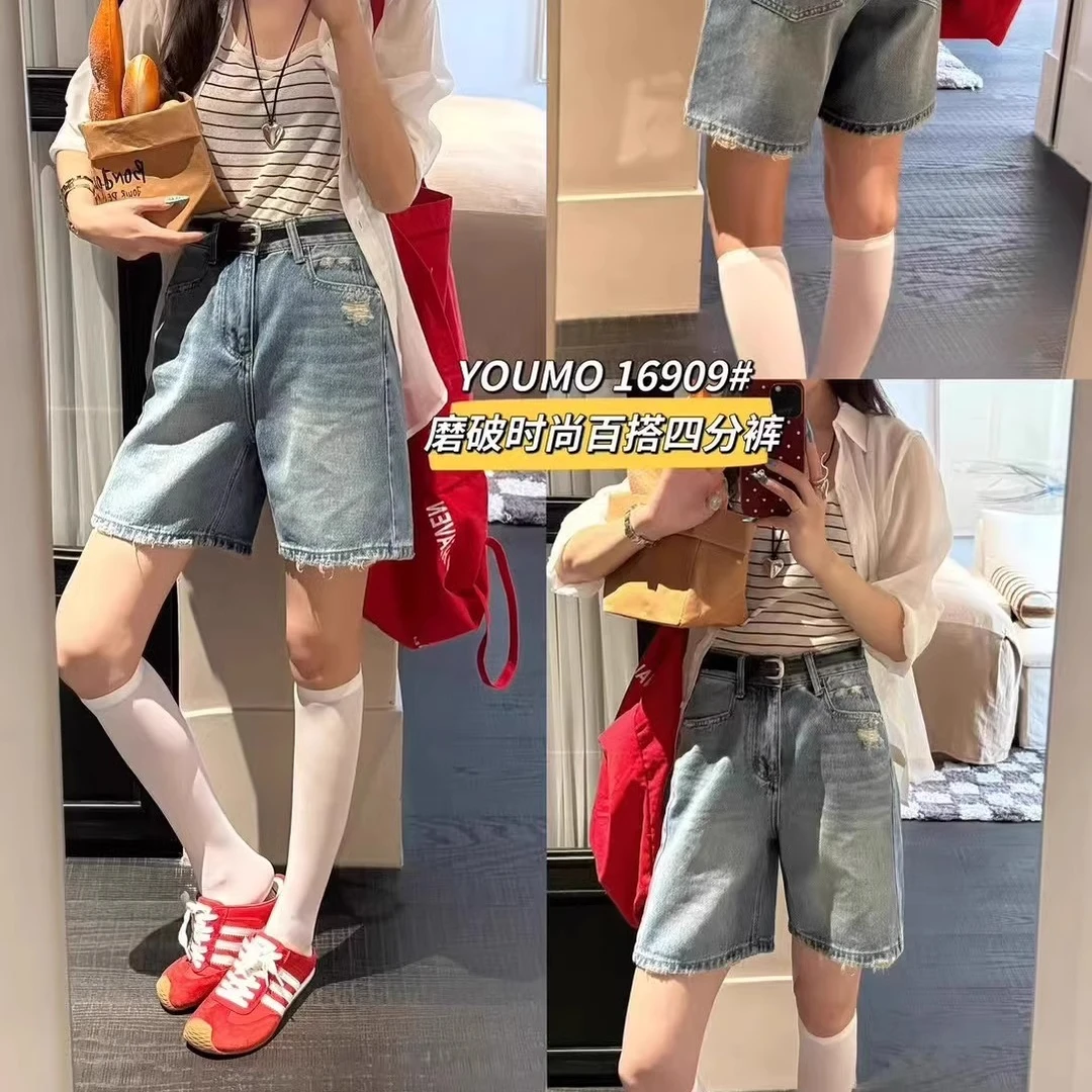 YOUMO有陌16909高腰阔腿四分牛仔短裤女2025夏季韩版宽松休闲中裤