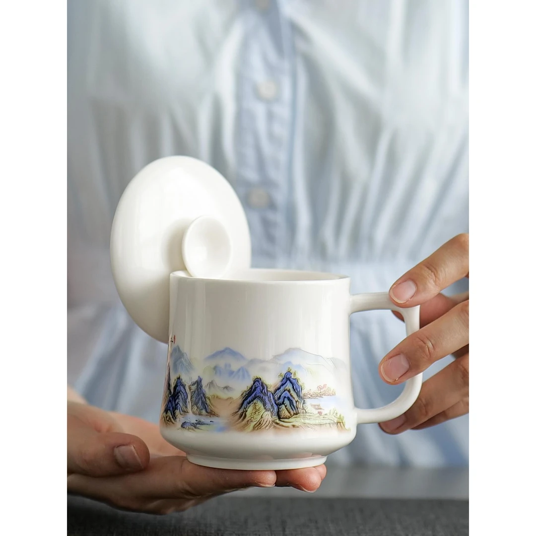 新款束腰办公杯个人专用单杯羊脂玉陶瓷水杯带盖茶杯马克杯子