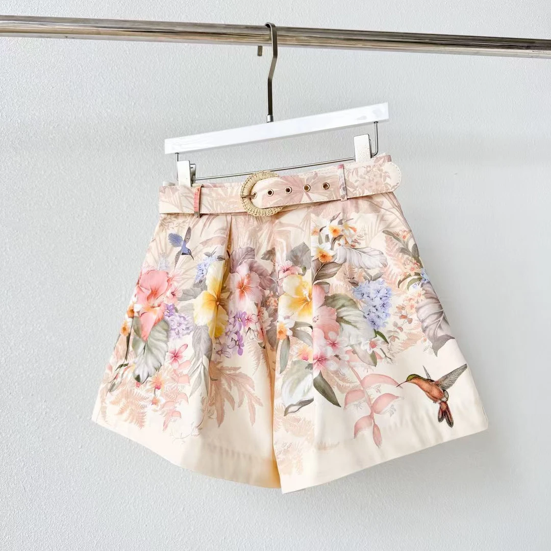 小鸟印花亚麻短裤