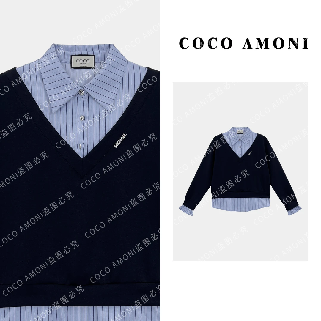 设计感条纹假两件撞色拼接字母烫钻休闲宽松百搭长袖卫衣ZQ436