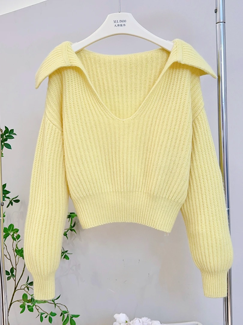 琳心丨早秋新款黄色时尚设计感慵懒风V领高腰针织衫 2419