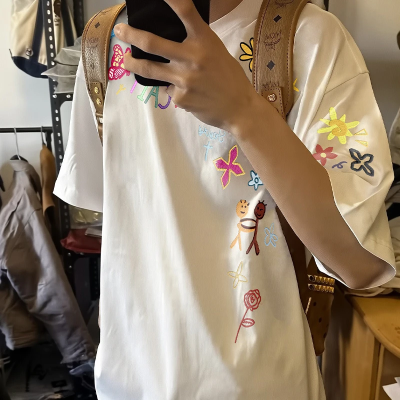 美式潮牌仿刺绣涂鸦印花白色短袖T恤男款夏季ins纯棉重磅上衣半袖