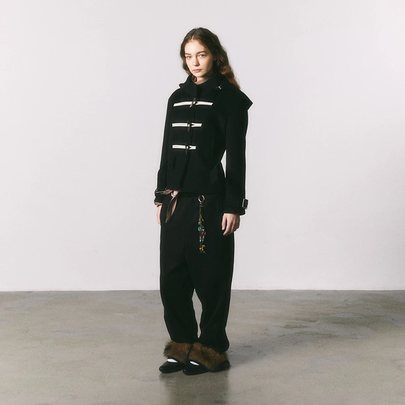 HilihiliPark天然牛角扣纯羊毛双面呢可拆卸连帽外套