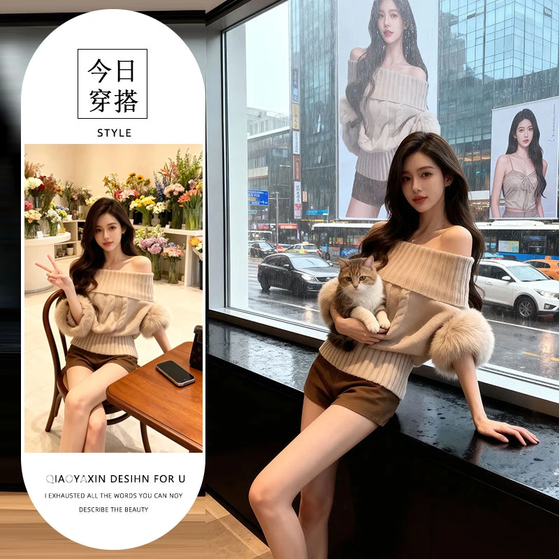 法式慵懒风穿搭套装女秋冬季新款一字肩针织上衣高腰短裤两件套装
