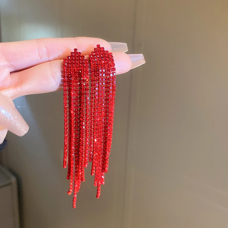 铜合金合成锆石耳饰 新年 奢华高级感长款红色流苏耳饰