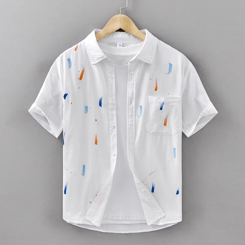 奥美普西比夏季纯棉衬衫男短袖宽松休闲薄款复古上衣潮流百搭衬衣