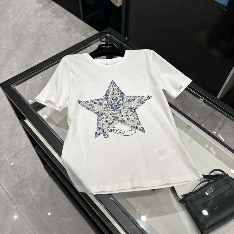 25年春装新款女装 时尚百搭蓝色五角星刺绣印花圆领T恤