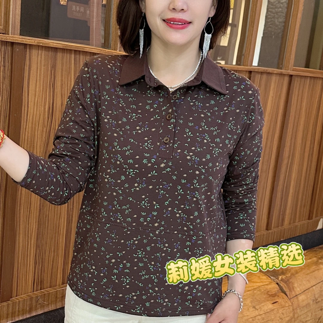 中老年妈妈装2025秋季新款polo领碎花长袖宽松翻领女士上衣 B3721