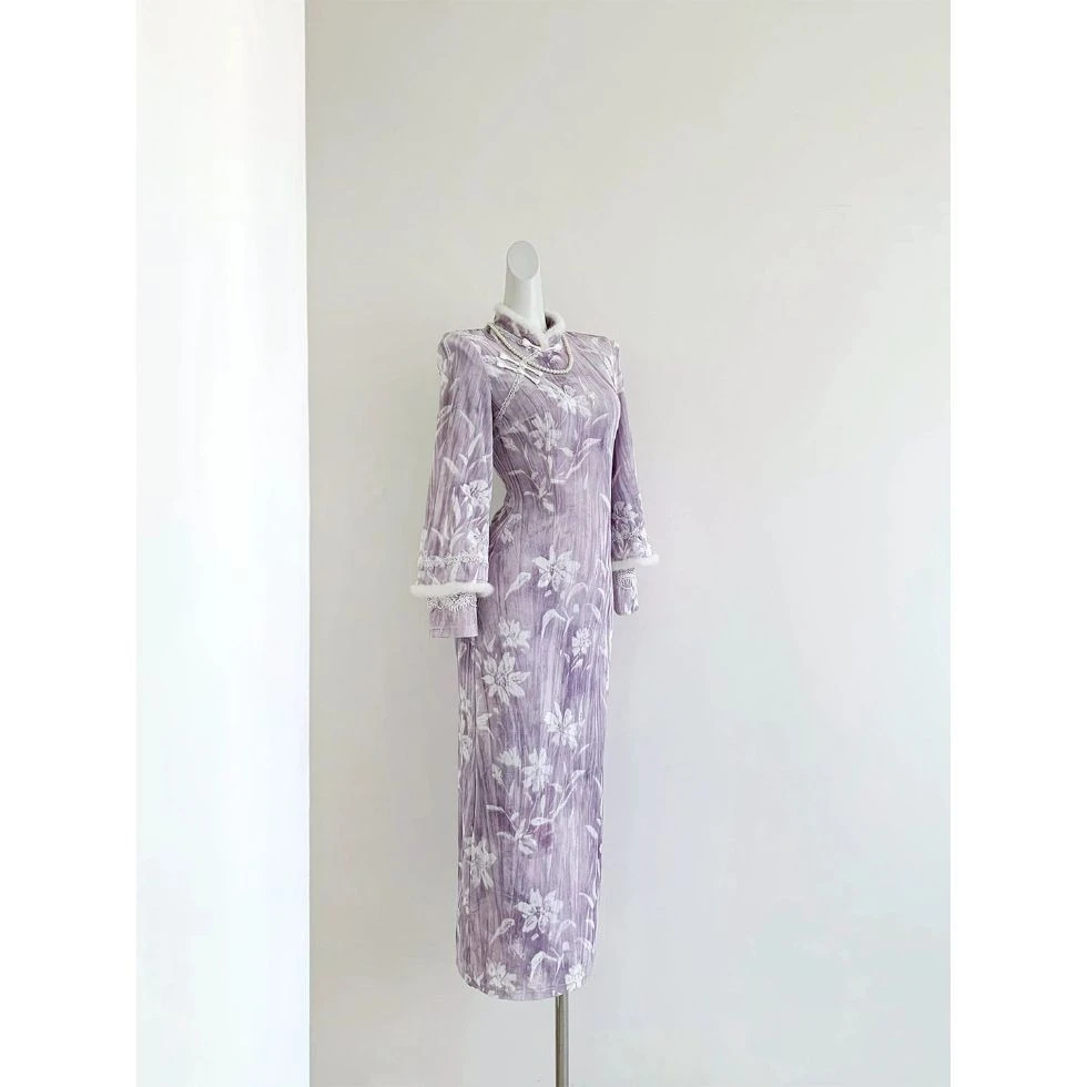 画报夫人【紫鸢】冬季中式2025紫色旗袍加厚复古修身国风连衣裙温