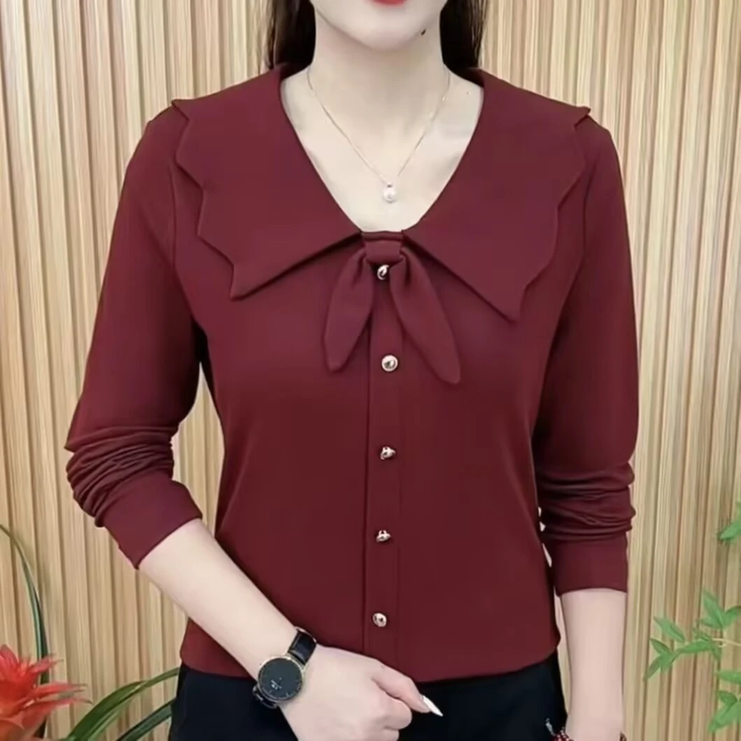 早秋新款时尚气质宽松遮肉长袖上衣翻领减龄百搭小衫