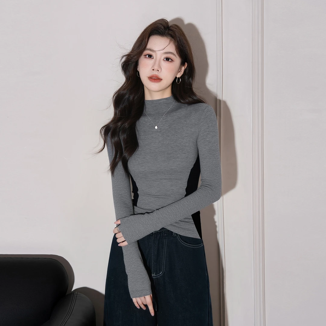 灰色半高领打底衫女秋冬内搭长袖2025年新款拼色收腰螺纹薄款上衣