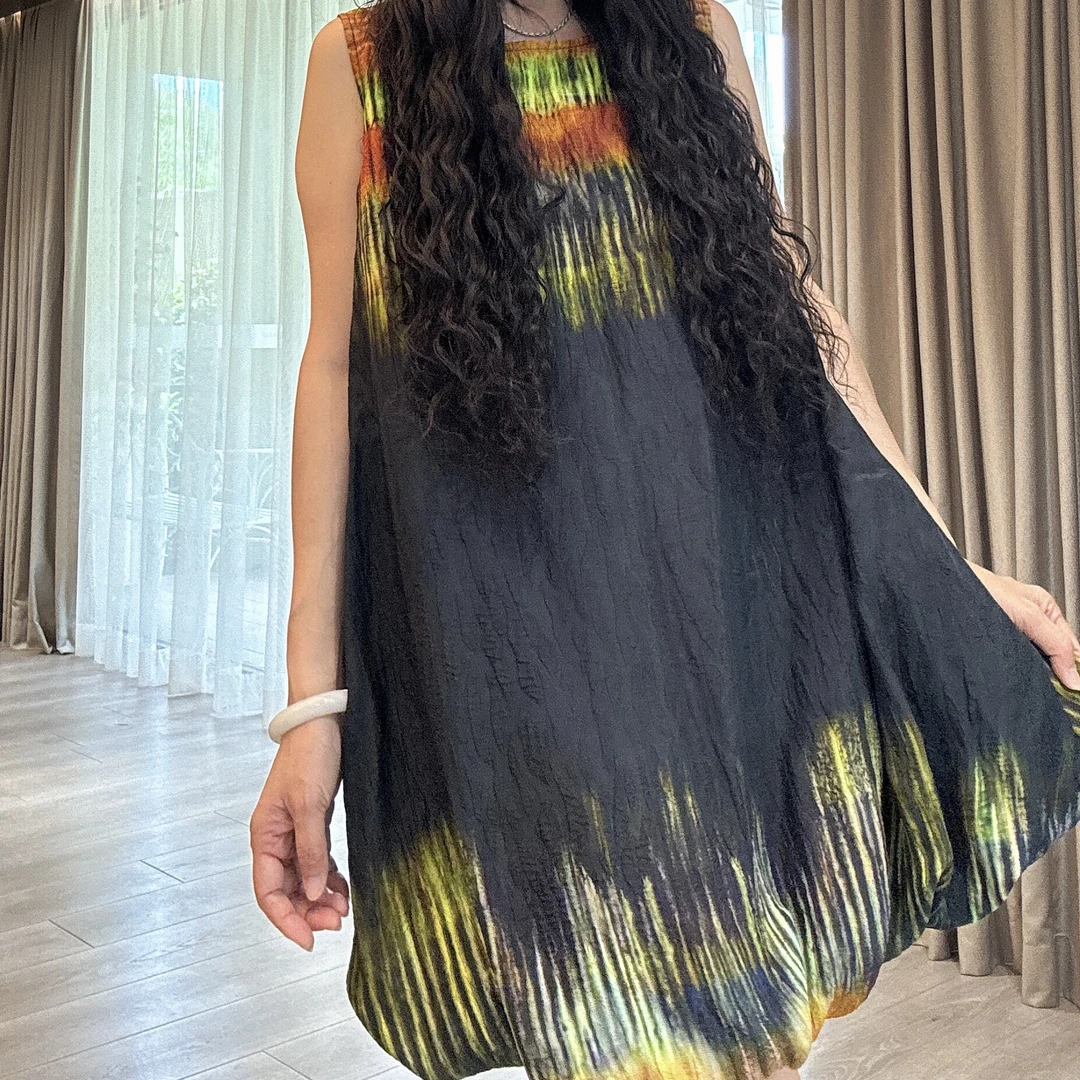 【周周家】圆领无袖渐变晕染桑蚕丝无袖背心连衣裙