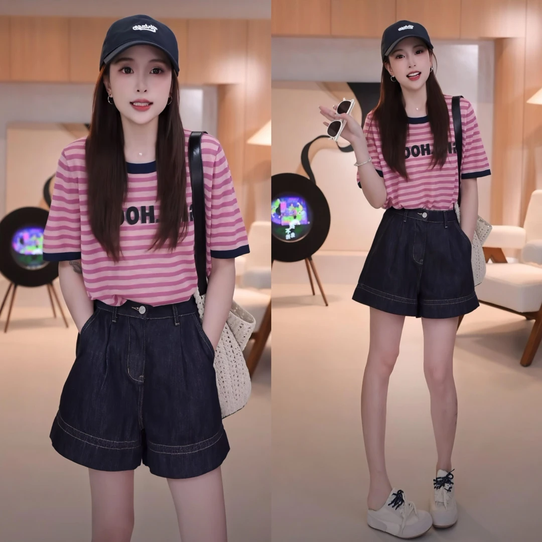 复古时尚薄款慵懒撞色领条纹针织衫+宽松后松紧明线阔腿牛仔短裤