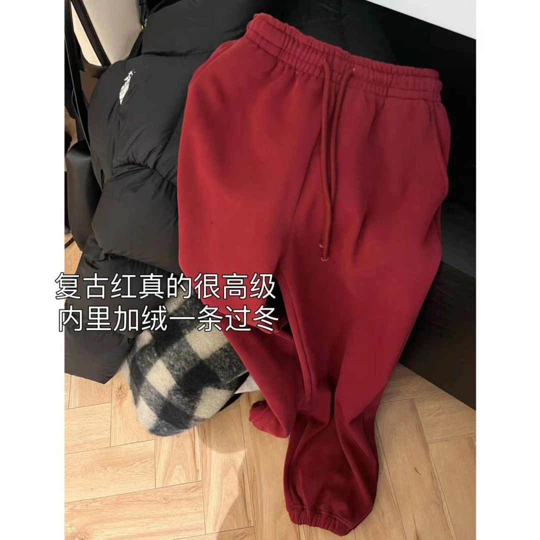徐秋阳 复古红卫裤 加绒加厚秋冬款高腰抽绳束脚卫裤  W3312
