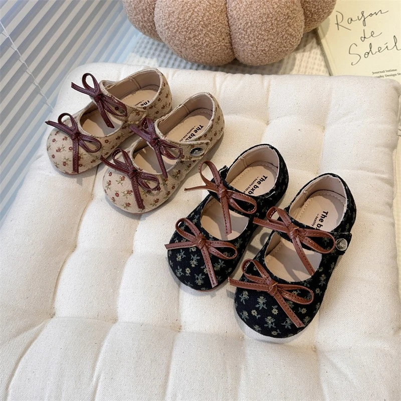 女童皮鞋儿童森系田园风豆豆鞋2025春秋新款女宝宝印花蝴蝶结单鞋
