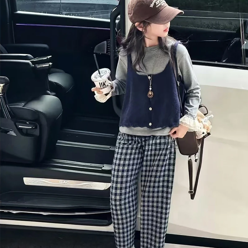 女童秋装套装2025新款洋气儿童韩版针织马甲三件套女孩春秋款衣服