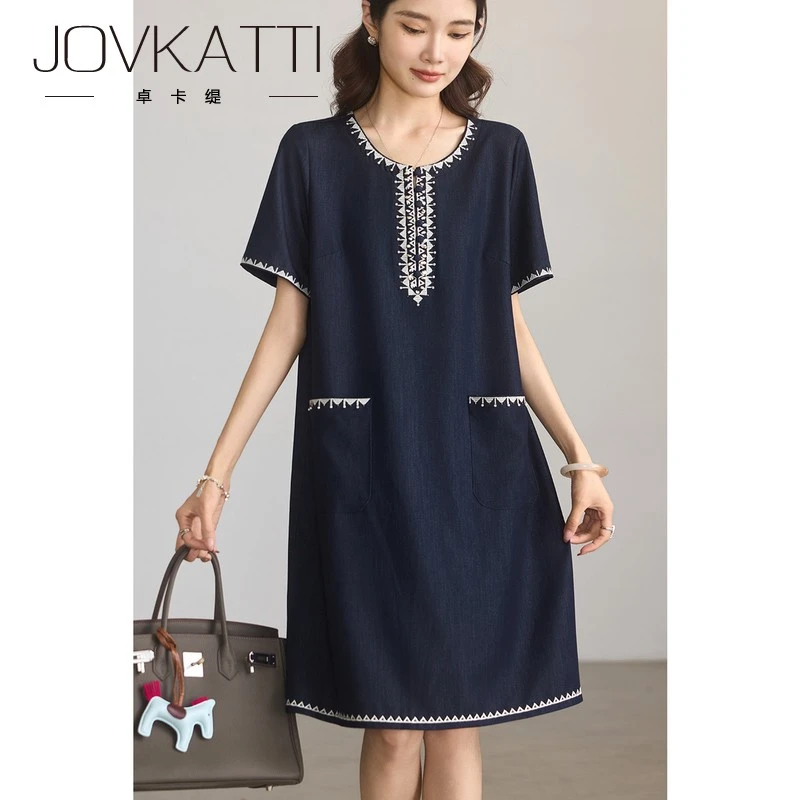 Jovkatti休闲刺绣牛仔连衣裙女2025年夏季新款宽松中长裙大码女装