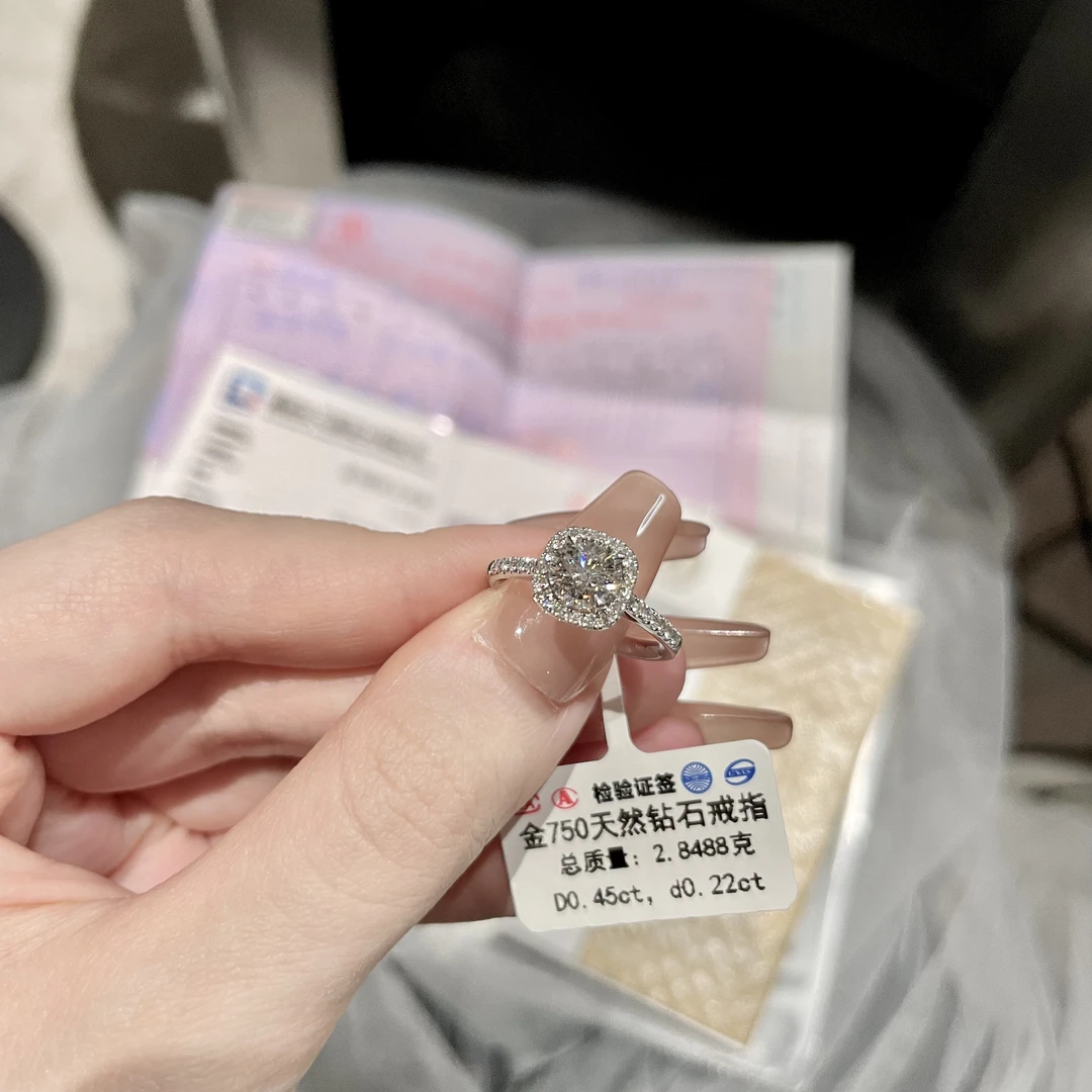 【GIA主石45分副石22分】18K金镶嵌天然钻石戒指方糖奢华耐看婚戒