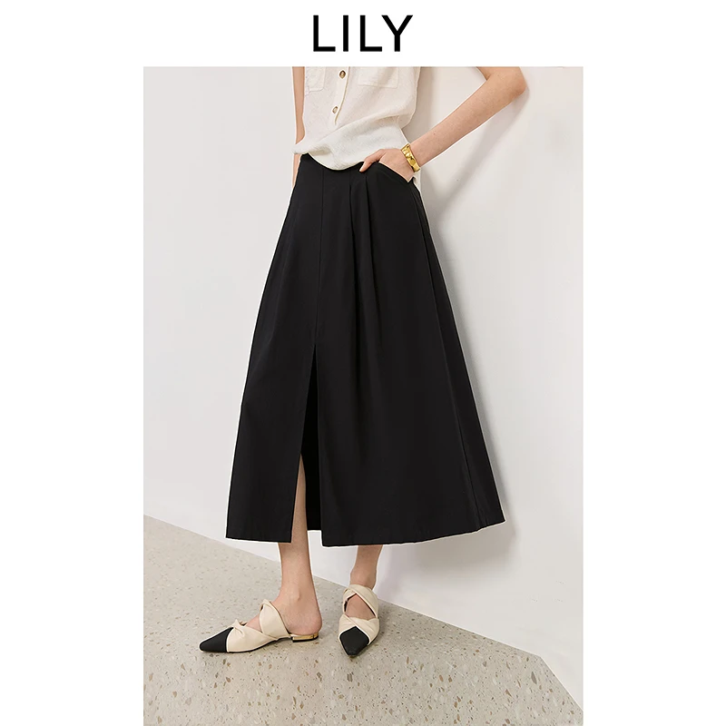LILY2025夏新款百搭通勤A字裙黑色半身裙125229C6953