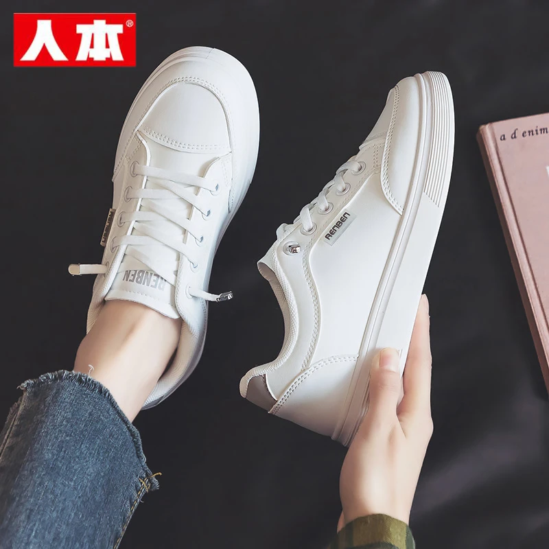 人本皮面防水小白鞋女2025秋季新款一脚蹬懒人鞋免系带休闲板鞋子
