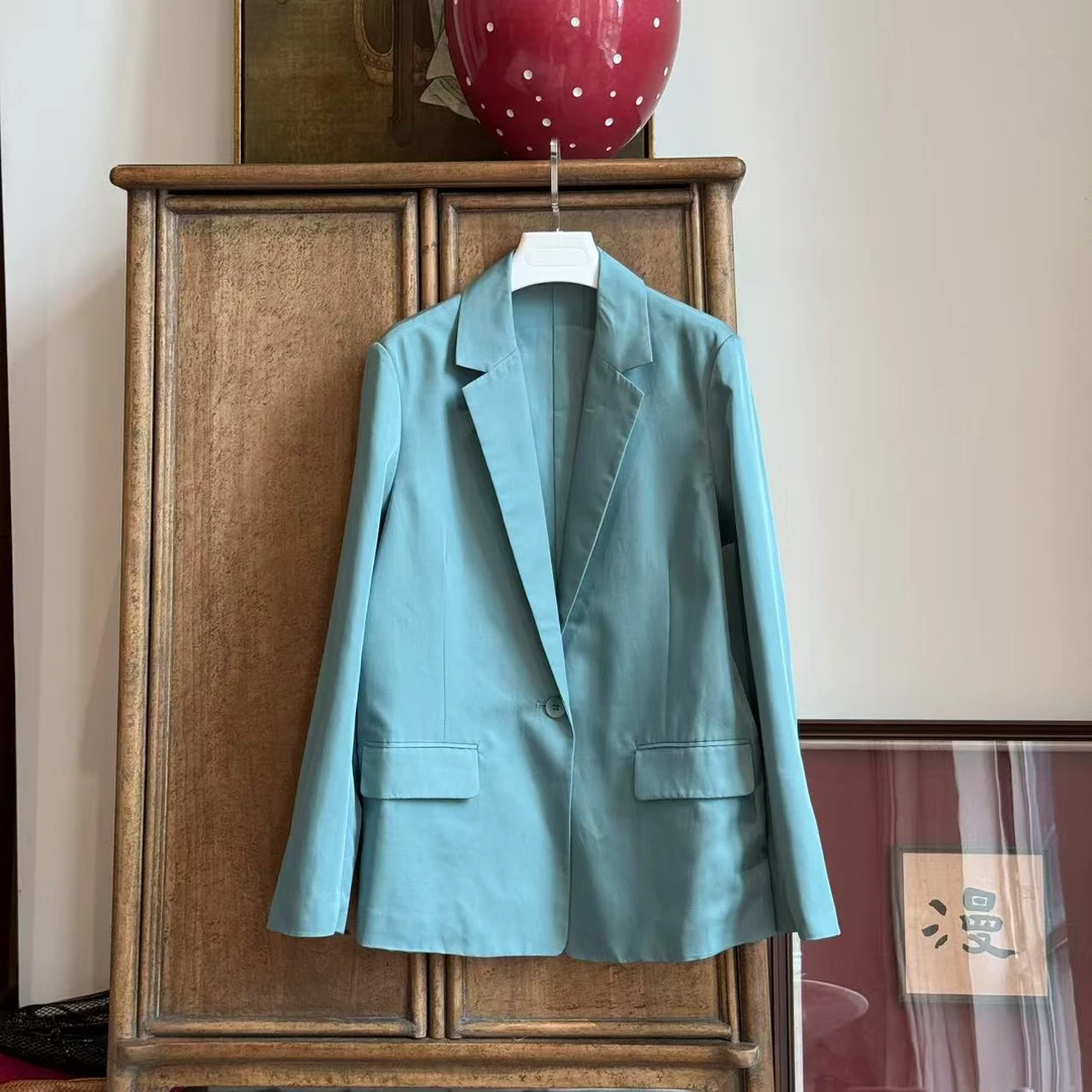 MYL 2025春夏季新品桑蚕丝棉混纺蓝绿色西装外套一粒扣西装款外套