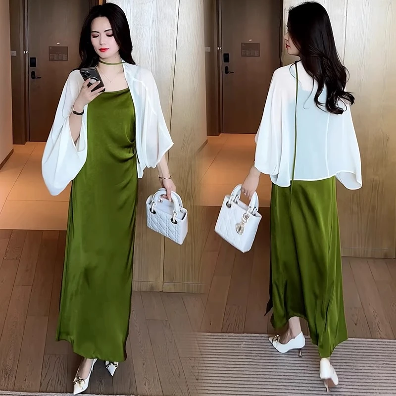 高级感时尚连衣裙女2025夏季新款洋气质显瘦防晒披肩吊带裙两件套